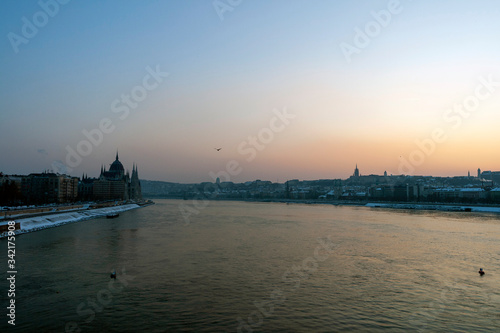 The river Danube on a cold winter day with the Hungarian Parliament building in the background