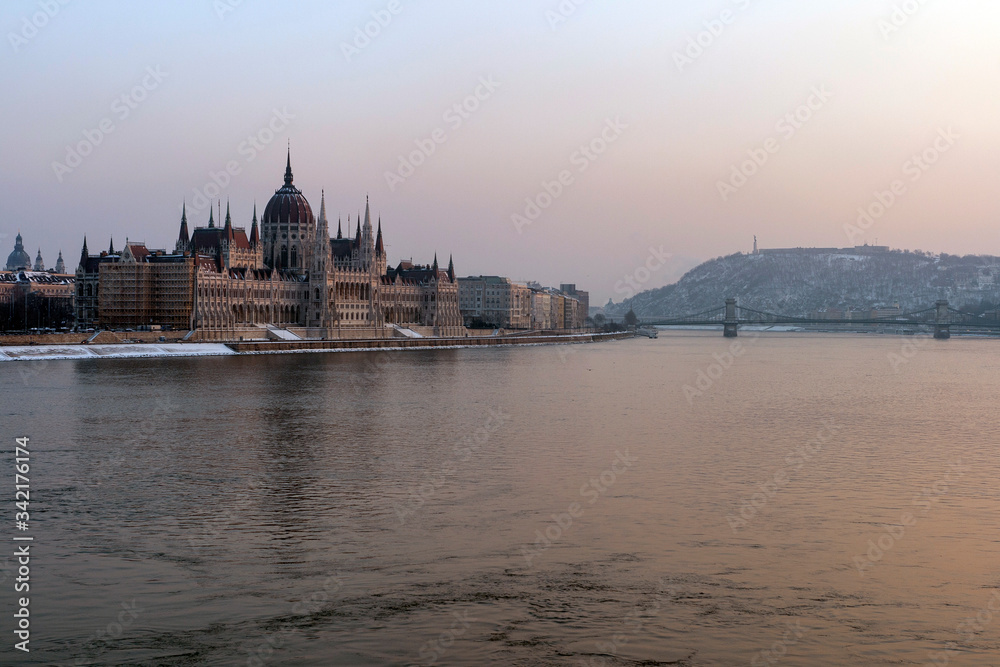 The river Danube on a cold winter day with the Hungarian Parliament building in the background