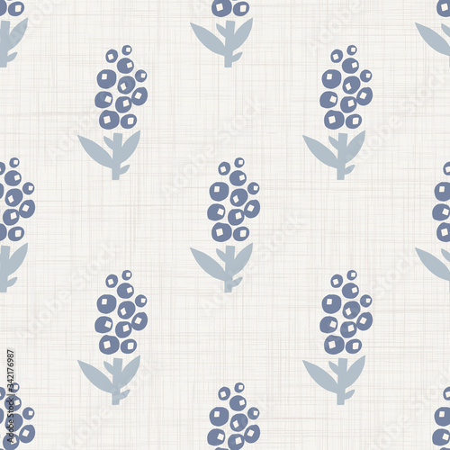 Seamless lavender floral pattern in french blue linen shabby chic style. Hand drawn country bloom texture. Old white blue background. Kitchen towel home decor swatch. Simple flower motif all over prin photo