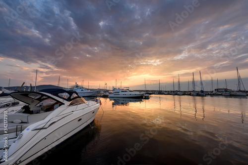 Sunset view of the yachts and port of Sozopol, Burgas region, Bulgaria