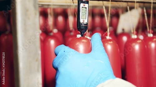 Temperature measuring of sausages hanging in the freezer. Food factory warehouse with packed meat products. photo