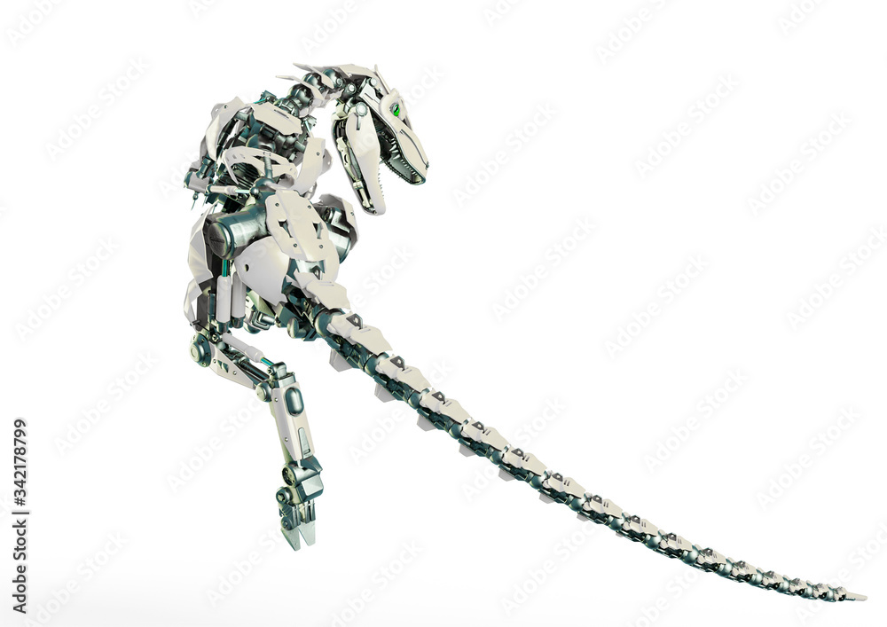 dino raptor robot is jumping on rear view dino raptor robot is jumping on rear view