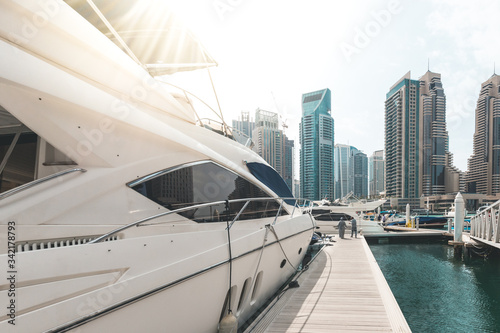 Yacht on the jetty in the Marina Dubai - UAE