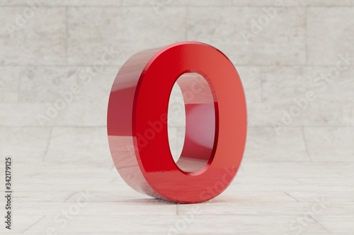 Red 3d number 0. Glossy red metallic number on stone tile background. 3d rendered font character.