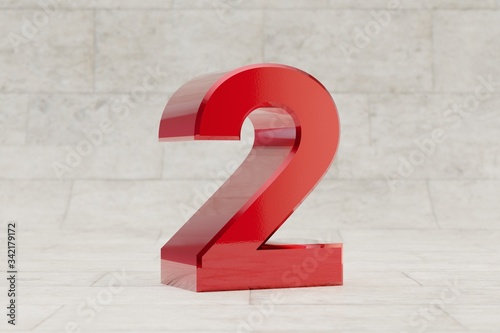 Red 3d number 2. Glossy red metallic number on stone tile background. 3d rendered font character.