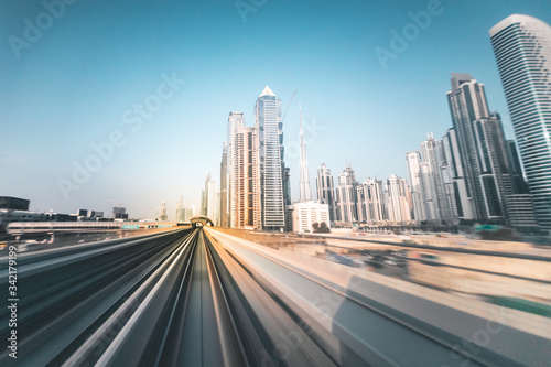 metro track with skyline of Dubai - UAE