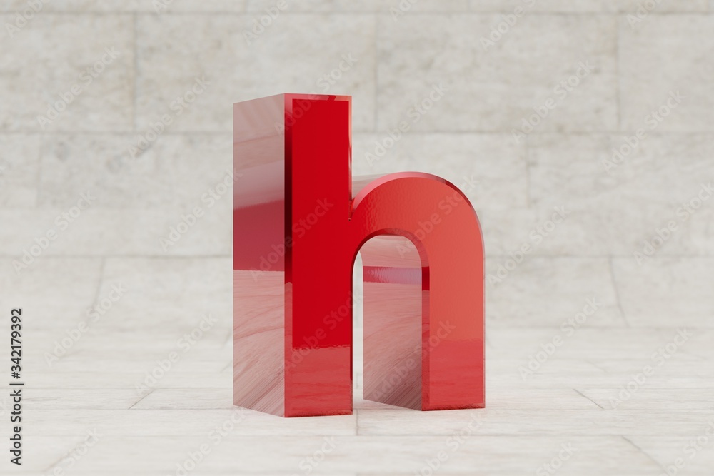Red 3d letter H lowercase. Glossy red metallic letter on stone tile