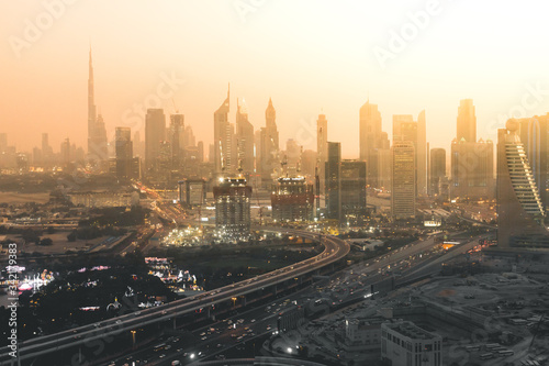 View of the skyline at sunset Dubai - UAE