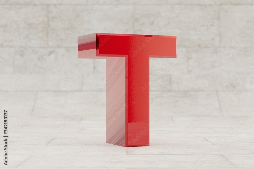 Red 3d letter T uppercase. Glossy red metallic letter on stone tile background. 3d rendered font character.