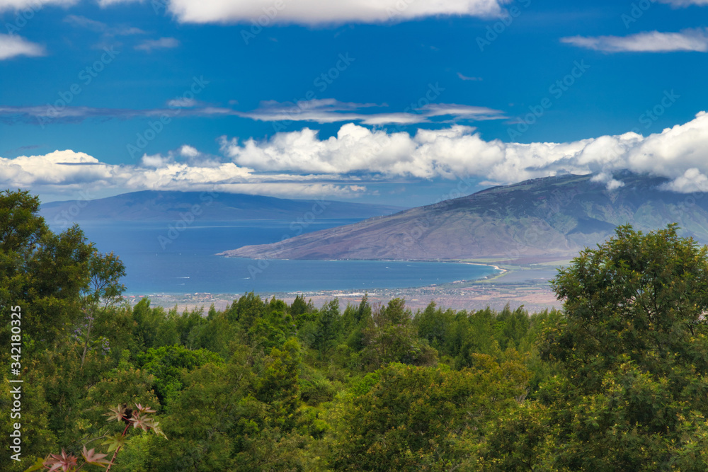 View of the west Maui mountains and ocean from Kula on Maui.