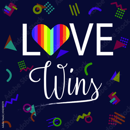 Vector concept for pride month event celebration. Love Wins slogan on a trendy 90-ies style background. Rainbow Heart.