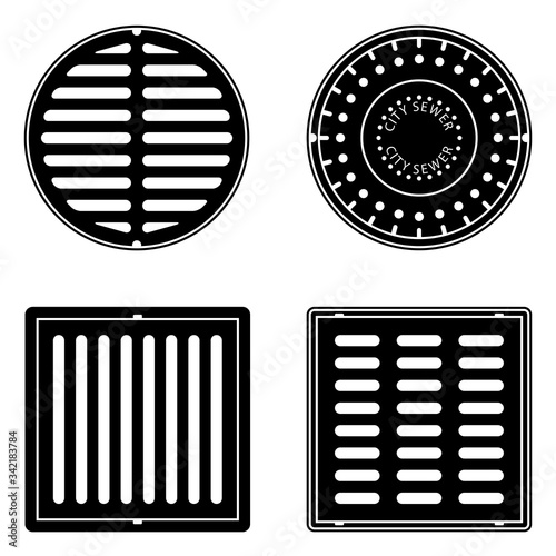 A set of vector sewer caps and grids isolated on a white background. Can represent sewage, maintenance, city services, sanitation, a manhole cover, drain, a restroom, sewers and round and square grids