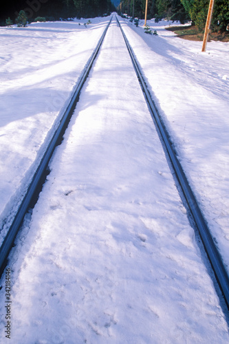 Railroad tracks in the snow in Mount Shasta, California