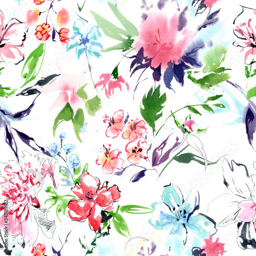Summertime garden flowers watercolor seamless pattern. Romantic background for web pages, textile, wallpaper.
