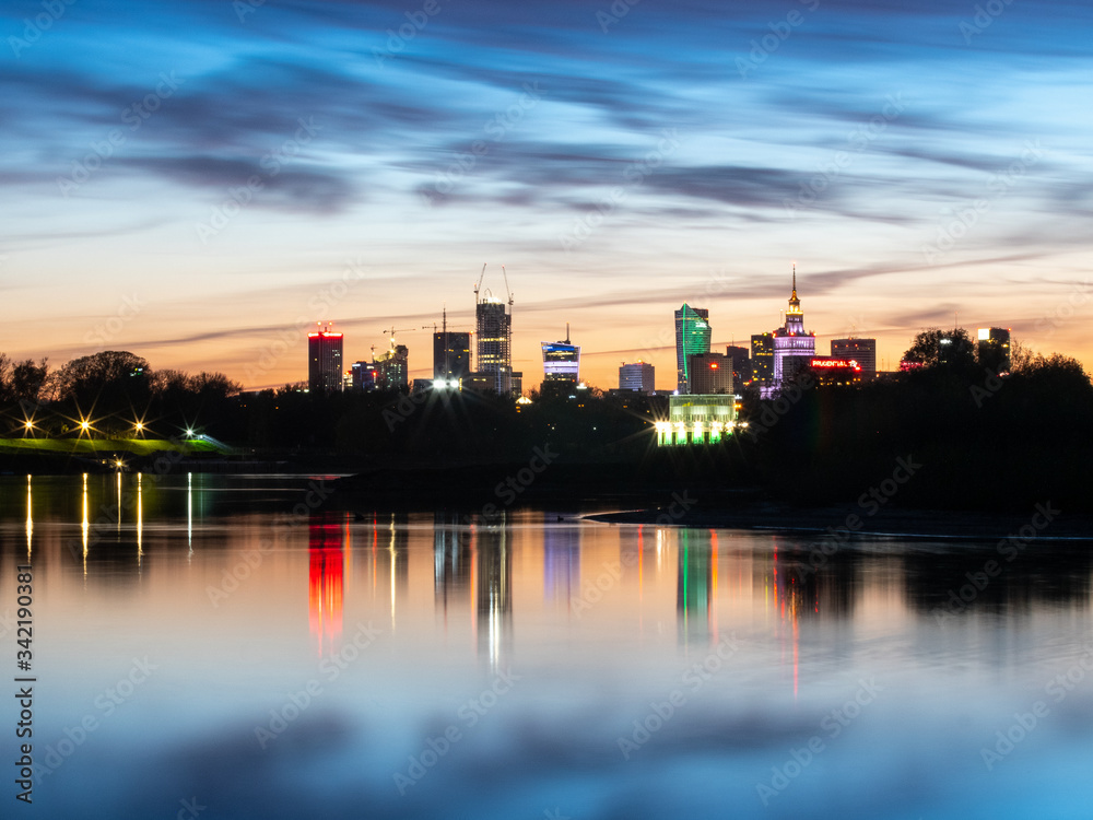 Warsaw view at night from the Wisła River
