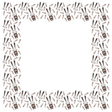 A square frame made of cute little boys' bunnies with blush on their cheeks in pink and black striped overalls for children, their portraits, pink carrots on a white background. Isolated. Vector.