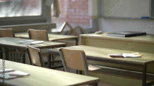 Empty classroom, no school ,only online learning concept photo