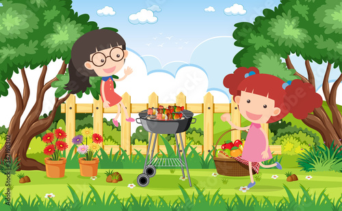 Background scene with two girls in the park