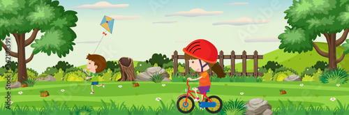 Background scene with kids playing in the park