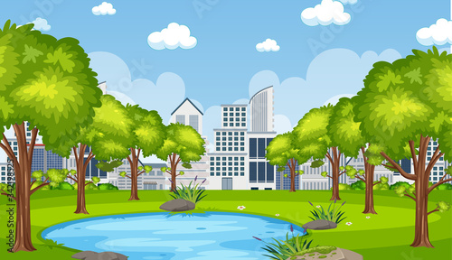 Background scene with city builsing and pond in the park