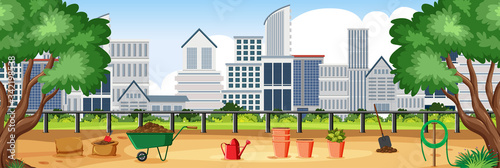 Background scene with buildings and city park