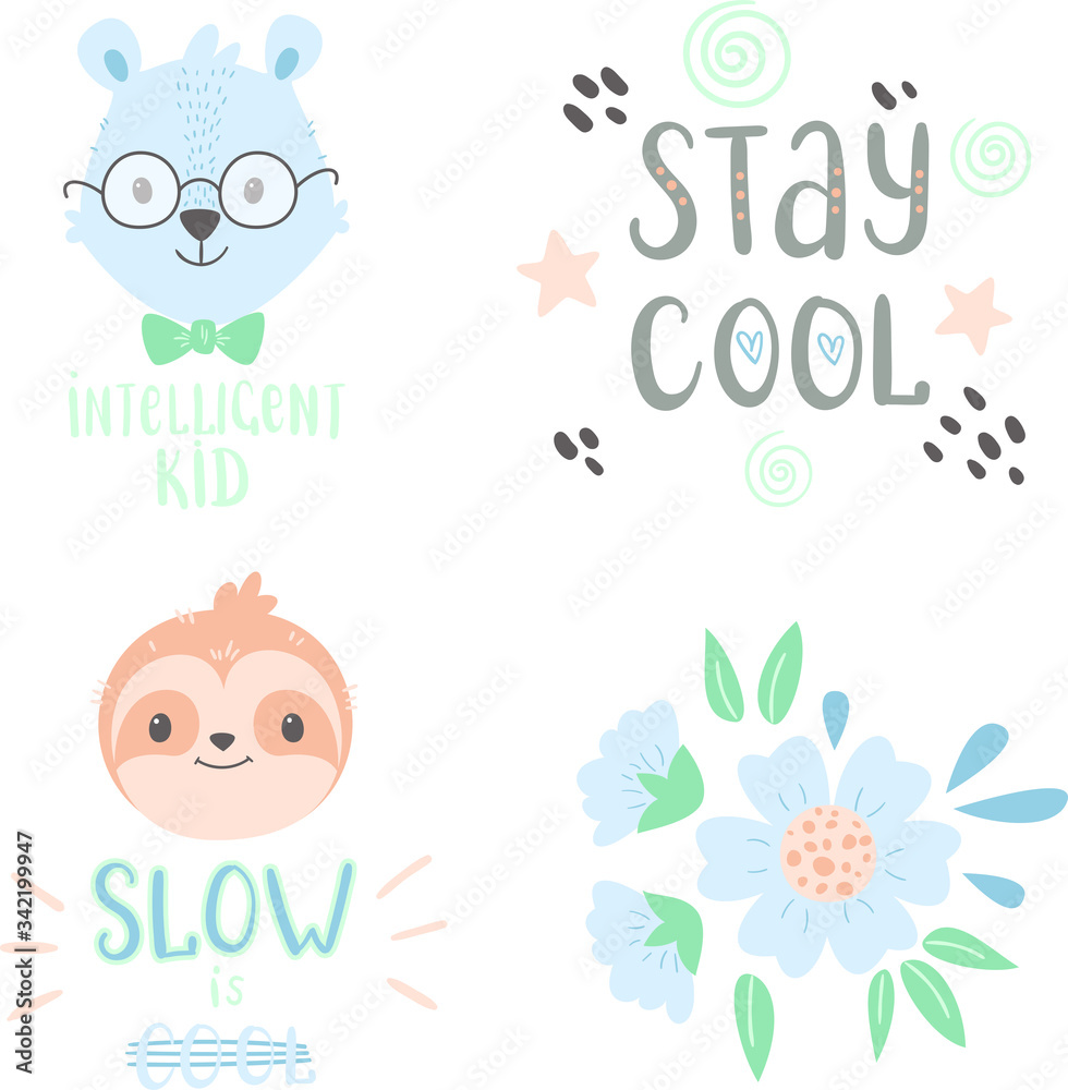 Hand drawn cute doodle animals and lettering. Bear, sloth, flowers, lettering 