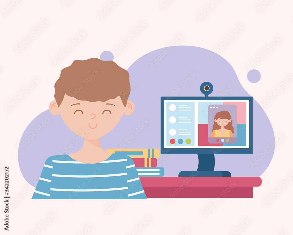 stay at home, boy with computer education online learning stay at home, boy with computer education online learning