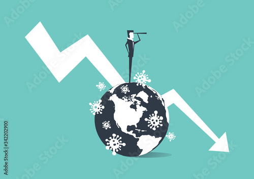 Businessman standing on a globe full of virus outbreaks and carrying binoculars. Global Economic Downfall because of the Corona virus pandemic.