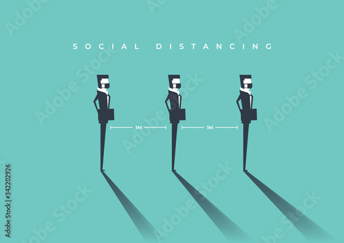 Businessmen keep the 1 meter distance in public to protect from COVID-19. Social distancing concept.