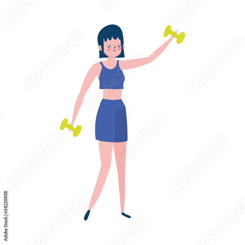 young woman lifting gym dumbbell isolated icon white background