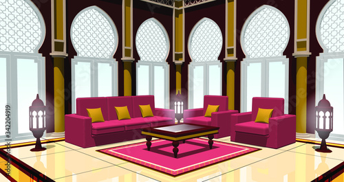 Perspective interior vector illustration of a living room in arabic syle