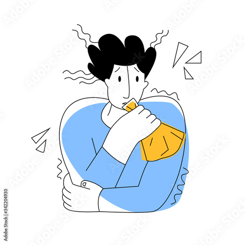 Vector flat illustration with abstract emaciated man who has panic attack and is breathing into bag. Lines and color are used. Concept treatment, relief attack of anxiety disorders.