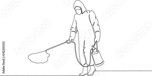 Continuous line drawing vector illustration of a man in protective suit is cleaning the floor using disinfectant to prevent pathogen infection
