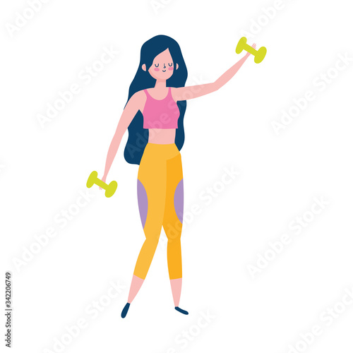 young woman lifting gym dumbbell isolated icon white background