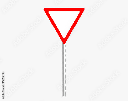 Give way traffic sign with metal pillar. Isolated on white. Clipping path. 3D Rendering.
