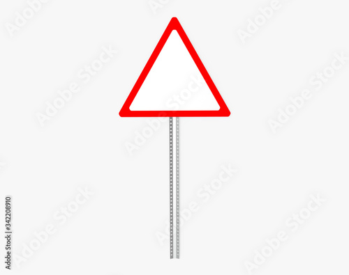 Empty triangle traffic sign with metal pillar. Isolated on white. Clipping path. 3D Rendering.