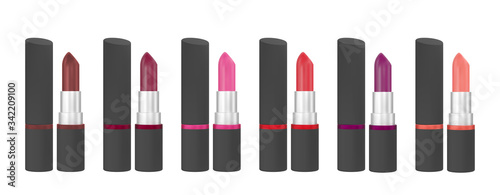 Realistic different colors lipstick set. Vector makeup mockup.