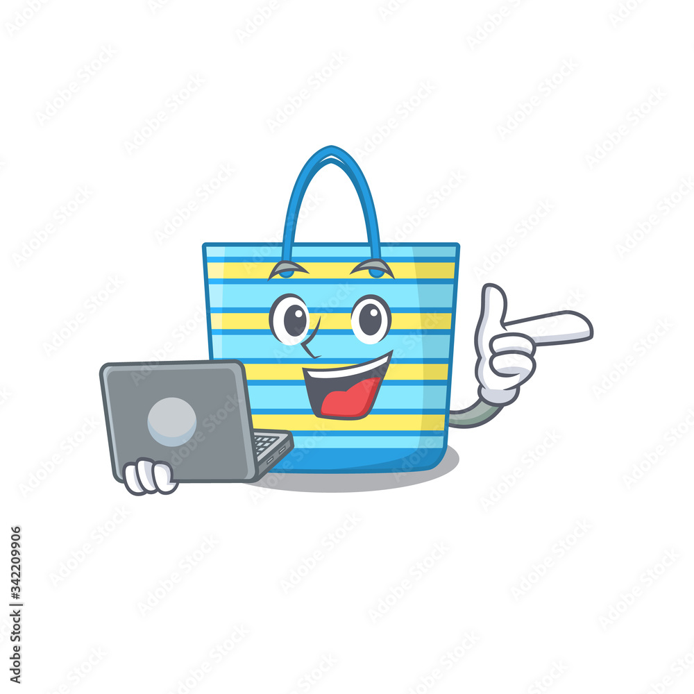 Cartoon character of beach bag clever student studying with a laptop Cartoon character of beach bag clever student studying with a laptop