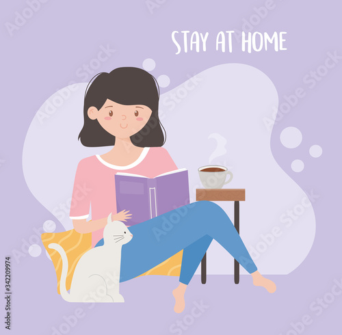 stay at home, young woman eading book and cat cartoon