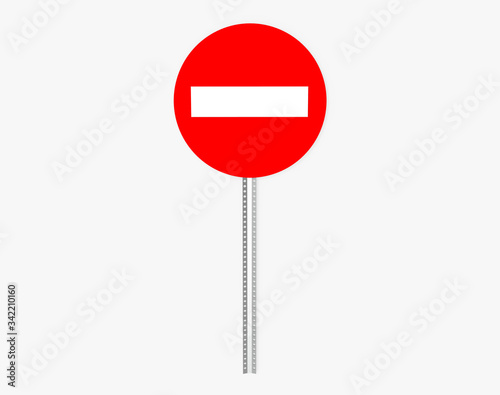 No entry traffic sign with metal pillar. Isolated on white. Clipping path. 3D Rendering.