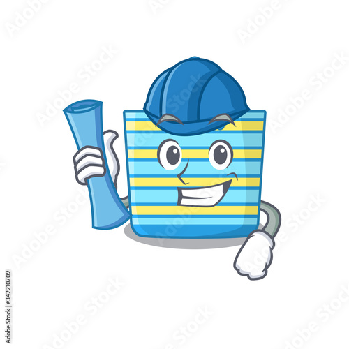 Cartoon character of beach bag brainy Architect with blue prints and blue helmet