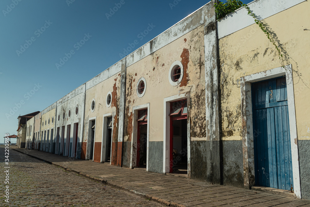 São Luis, Maranhão, Brazil on August 6, 2016. Facades of old buildings in the historic center. Highlighting the doors, windows and tiles from the Brazilian colonial period