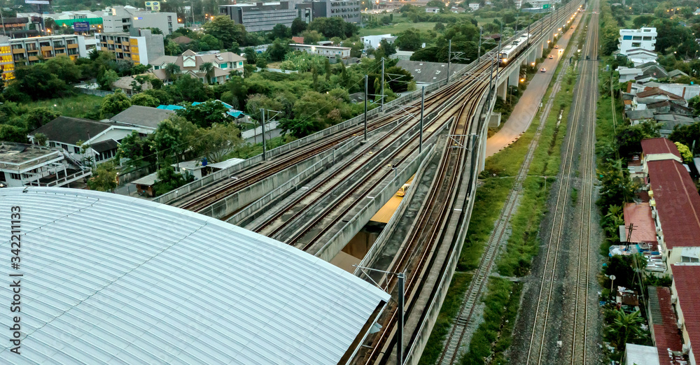 Aerial view of electric train in Morning time .