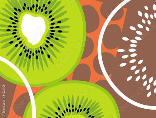 Abstract fruit design in flat cut out style. Cross section of kiwi fruit. Vector illustration.