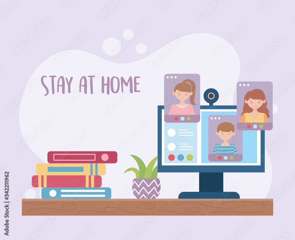 stay at home, studying online people books and on desk stay at home, studying online people books and on desk