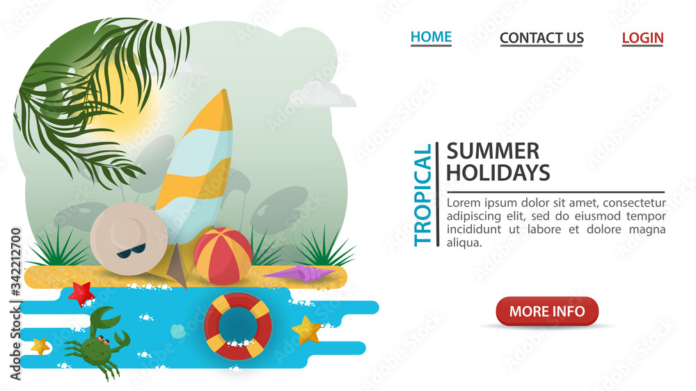 web page design concept summer vacation surfboard ball and hat Panama on a sandy beach flat vector illustration cartoon
