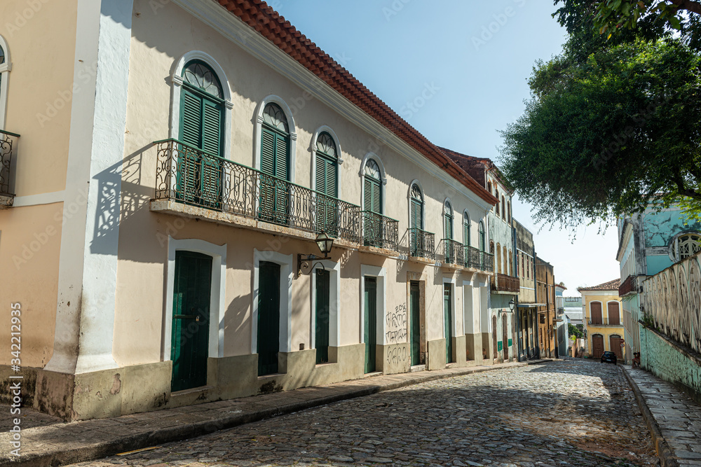 São Luis, Maranhão, Brazil on August 6, 2016. Old facade of the buildings in the historic center, with windows, doors and tiles from the Brazilian colonial period