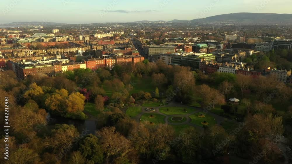 St Stephen's Green, Dublin, Lockdown, April 2020, Ireland, Drone Lifts Upwards and Tilts Down St Stephen's Green, Dublin, Lockdown, April 2020, Ireland, Drone Lifts Upwards and Tilts Down