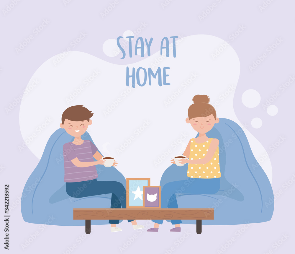 stay at home, man and woman coffee cup in living room