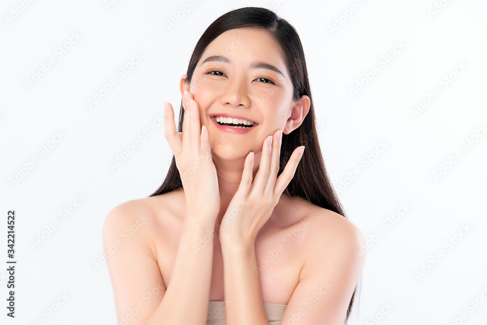 Beautiful Young Asian Woman with Clean Fresh Skin. Face care, Facial treatment, Cosmetology, beauty and healthy skin and cosmetic concept, woman beauty skin isolated on white background Beautiful Young Asian Woman with Clean Fresh Skin. Face care, Facial treatment, Cosmetology, beauty and healthy skin and cosmetic concept, woman beauty skin isolated on white background